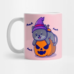 Cute Witch Cat Hug Pumpkin Halloween Cartoon Mug